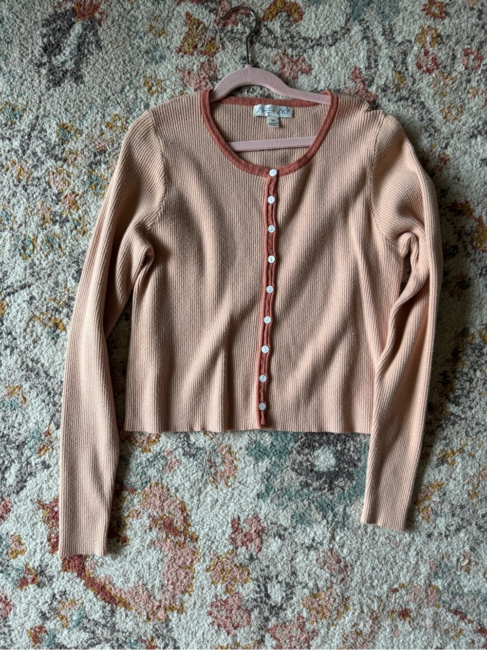 She + Sky Peach Cardigan with Rose Trim